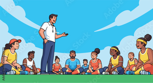 Diverse Group of Adults and Children Attentively Listen to Coach's Instructions During an Outdoor Team Meeting on the Grass