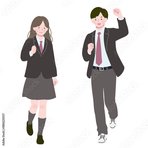 フラットイラスト　制服姿の高校生　全身