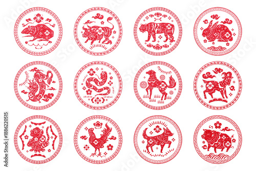 фотографія Chinese animal zodiac badges png red new year stickers collection