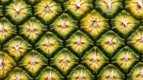 Close-up of a pineapples textured skin showcasing its intricate pattern and vibrant colors.