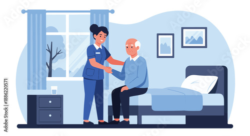 Caring nurse assisting elderly man sitting on the edge of a hospital bed with a comforting touch