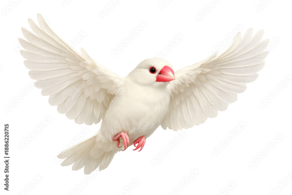 Obraz premium White java sparrow bird flying with wings spread, symbolizing freedom, peace, hope, and new beginnings on transparent background