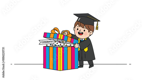 Cute Cartoon Graduate Opening Gift Box with Confetti and Congrats Banner