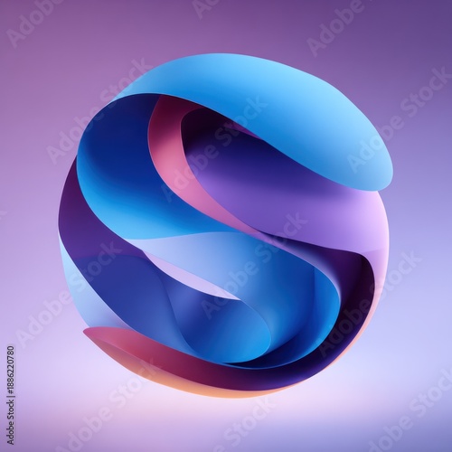 Abstract 3D sphere composed of flowing, layered ribbons in shades of blue, pink, & purple