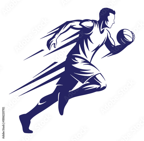 Dynamic blue silhouette illustration of a basketball player dribbling and running towards the viewer