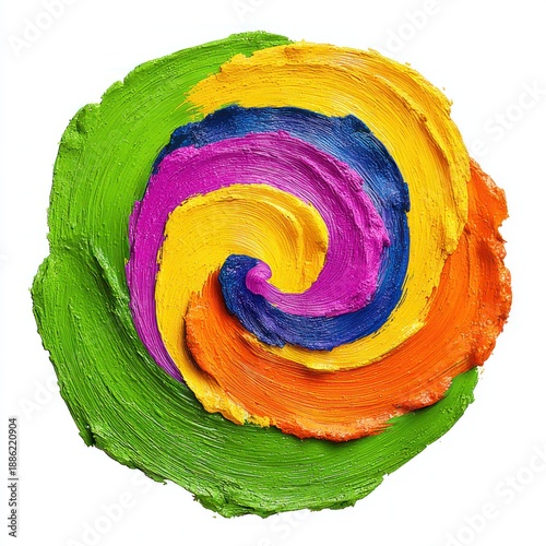 A swirl of colorful paint strokes, arranged in a spiral pattern on a white background