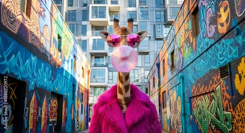 Giraffe With Pink Fur Coat Blowing Bubble Gum 39
