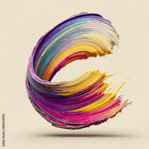 A colorful, thick paint stroke in an arched form, a swirl with bright hues on neutral