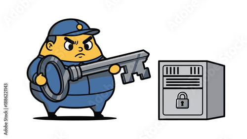 Vigilant Security Guard with Giant Key & Locked Server: Data Protection & Cybersecurity Concept Illustration