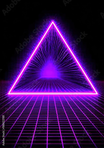 Neon pink triangle glows, set in a retro grid, with light rays emanating from within
