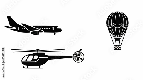 Silhouette of airplane helicopter and hot air balloon icons.