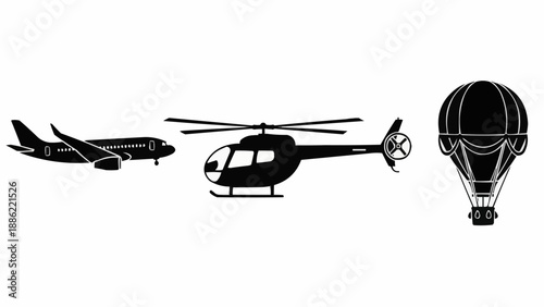 Silhouette of airplane helicopter and hot air balloon on white background.