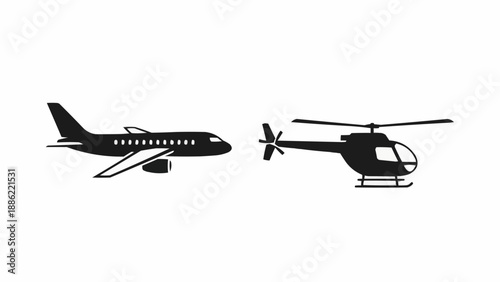 Silhouette of an airplane and a helicopter side by side.