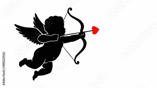 Silhouette of Cupid aiming bow and arrow with heart arrow.