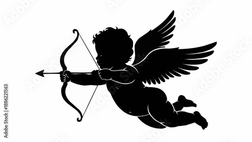 Silhouette of Cupid aiming bow and arrow with wings.