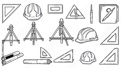 Engineering and construction tools illustrated in black and white for design