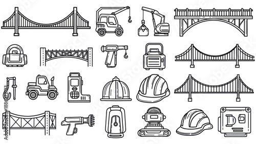 Engineering icons set bridges construction vehicles and tools