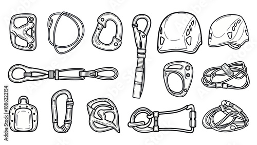 Essential climbing equipment illustration in line art style for outdoor activities