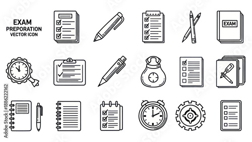 Exam preparation vector icon set checklist pen clock and notebook designs