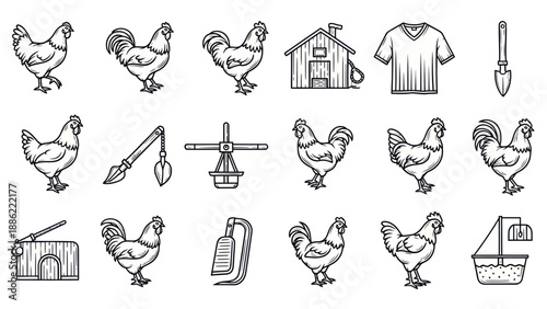 Farm animals and farming equipment vector illustrations for design elements