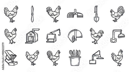 Farm animal and farming equipment vector icons for various applications