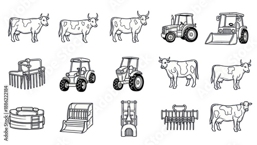 Farm animals and machinery vector illustrations for agriculture and farming