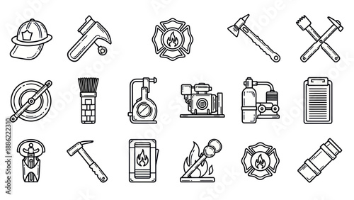 Firefighting equipment collection in outlined style vector illustration