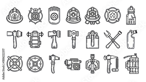 Firefighting equipment set helmets badges tools and safety gear vector icons