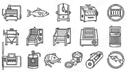 Fish processing machines and seafood elements isolated on white background
