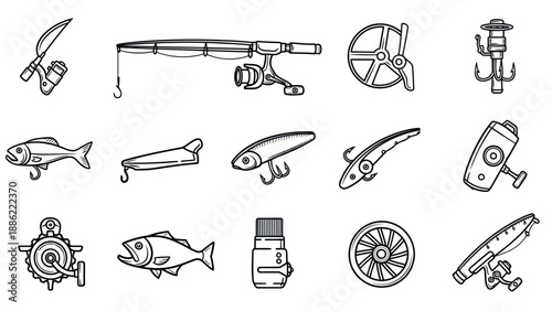 Fishing equipment collection various rods reels lures and tackle vector set