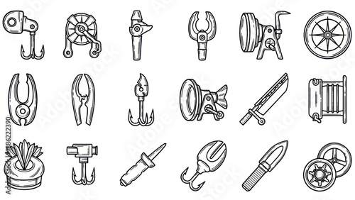 Fishing tools collection various fishing equipment in black and white
