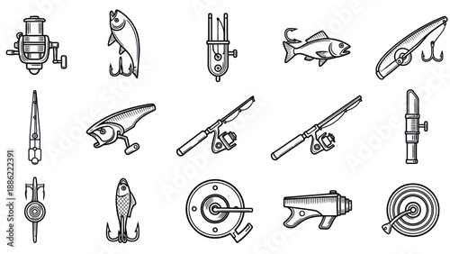 Fishing equipment vector illustrations set for recreational angling