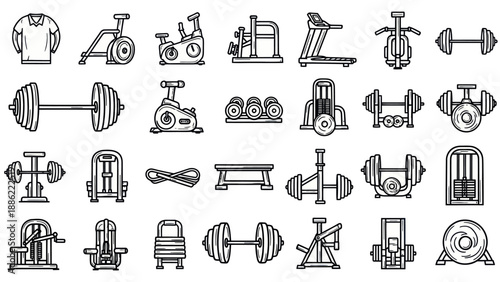 Gym equipment icons set fitness machines and weights illustrations