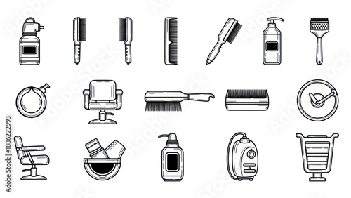 Hair salon tools and equipment collection in black and white vector