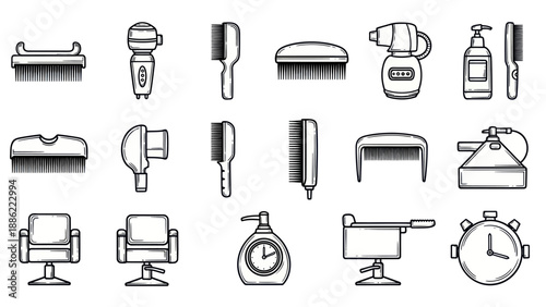 Hair salon tools and equipment set in black and white vector illustration