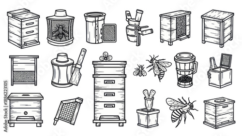 Illustrated beehives and equipment collection for beekeeping and honey production