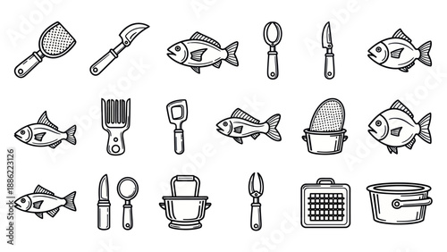 Illustrated fish and tools for cooking fishing and food preparation
