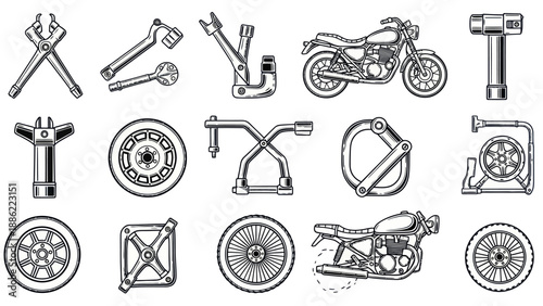 Illustrated motorcycle and tools set mechanics and transportation elements