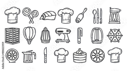 Illustration of cooking and baking tools and objects in a monochrome design