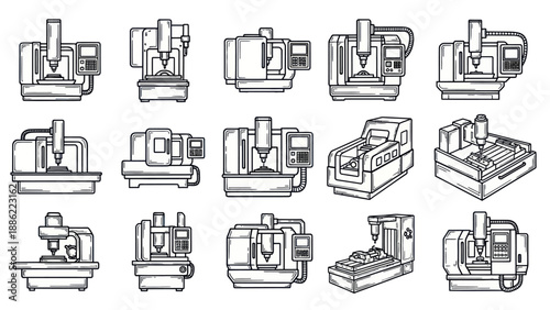 Industrial cnc machines collection vector illustrations for manufacturing designs