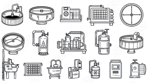 Industrial equipment icons in black and white for engineering and design