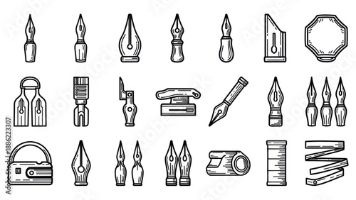Ink pen nib collection assortment of fountain pen tips in black and white