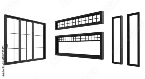 pristine collection of matte black architectural window and sliding door frames with clear glass, tilt-shift photo isolated on a transparent background. concept of precision engineering and modern