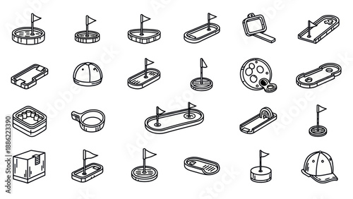 Isometric mini golf course icons flags holes and equipment outlines