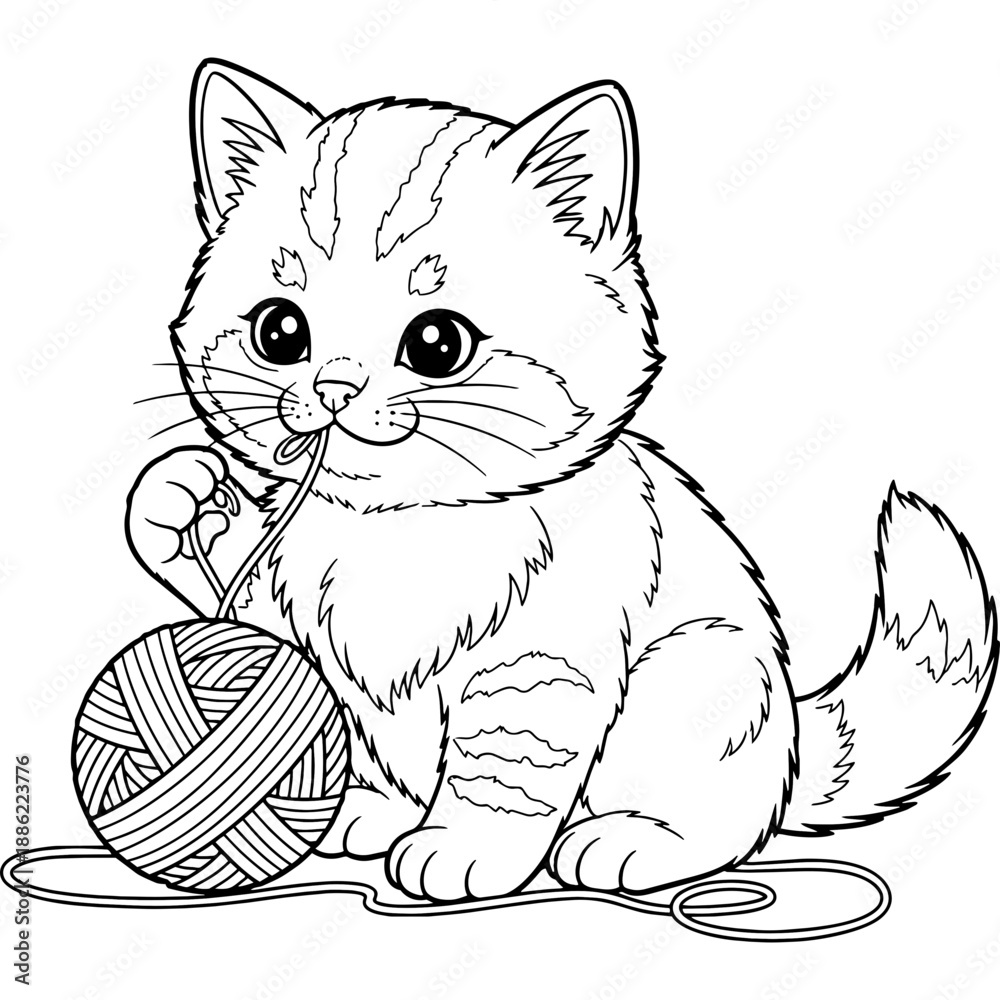Obraz premium Cute cartoon kitten playing with yarn ball vector illustration for coloring book
