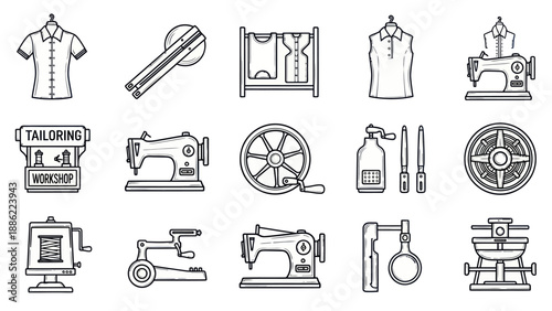 Tailoring workshop tools and clothing line icons for design elements