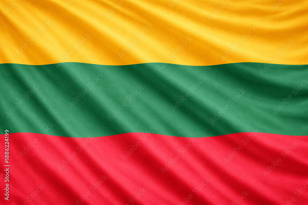 Obraz premium Waving Lithuania Flag Horizontal Background with Yellow Green Red Fabric Texture