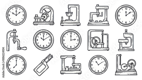 Vintage clocks and mechanical devices illustration set on a white backdrop