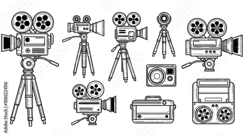 Vintage film cameras and equipment collection illustration vector set