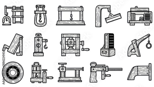 Vintage machinery illustrations set various tools and mechanical elements